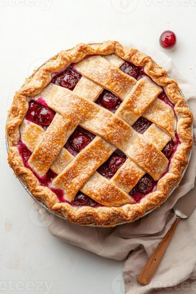 Baked dessert with lattice crust filled with fruit. Golden pie placed on a linen fabric ready to eat. Vegetarian dessert. photo