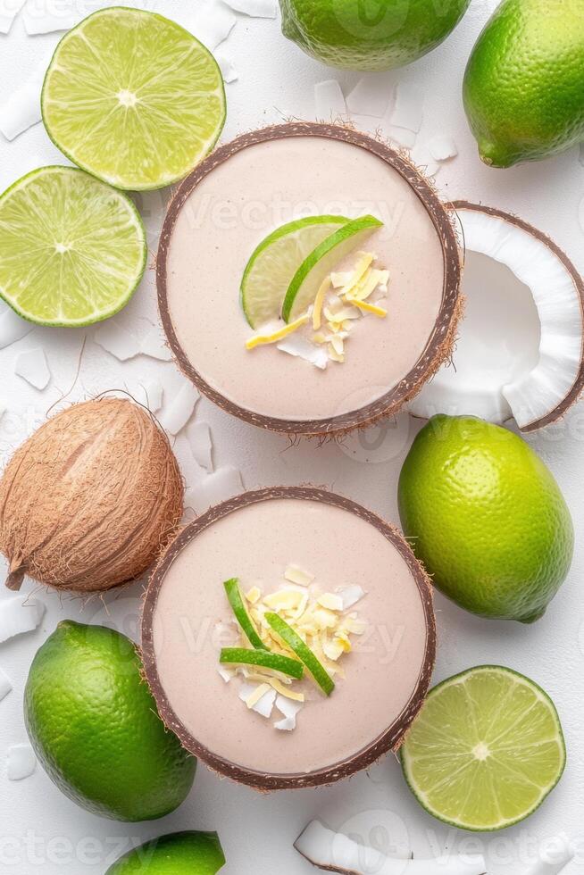 Two Coconut Shells Hold Light Brown Desserts Garnished with Lime Slices and Coconut Flakes Surrounded by Limes and Coconut Pieces on a White Surface photo