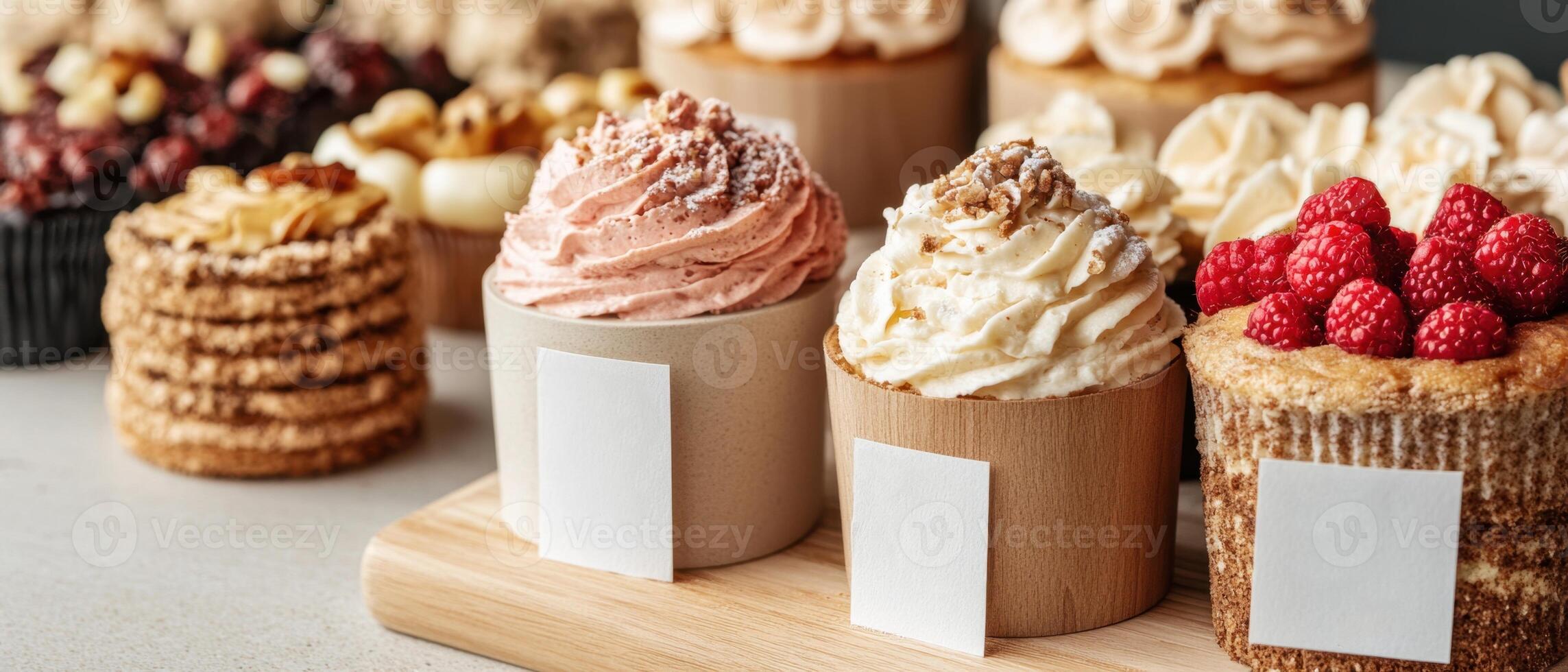 Delicious sweet baked vegetarian desserts on wooden board. Cakes decorated with cream, nuts, and raspberries. Variety of small dessert food concept. photo