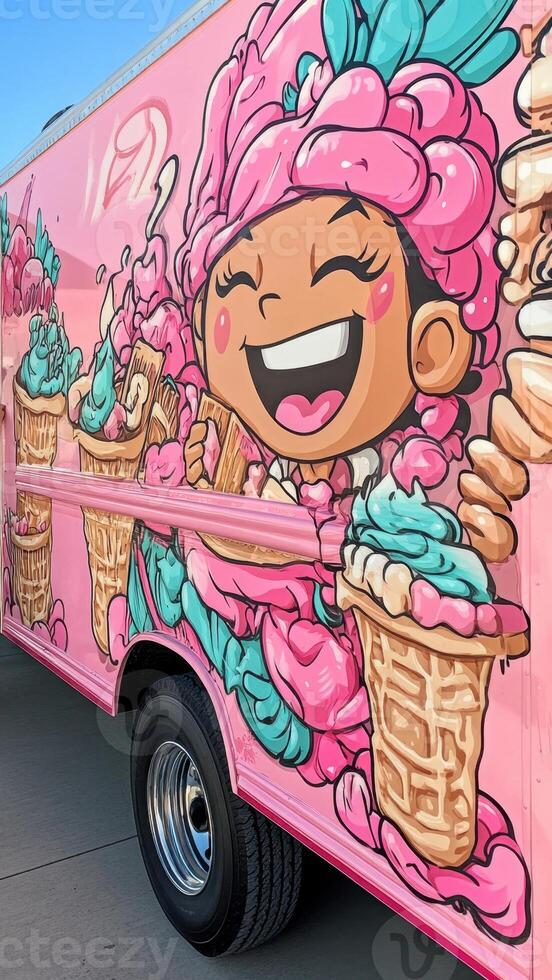 Sweet food truck. Pink vehicle art. Child figure with smiling expression. Waffle cone with frozen dessert theme. Delicious sweets painted on automobile. photo