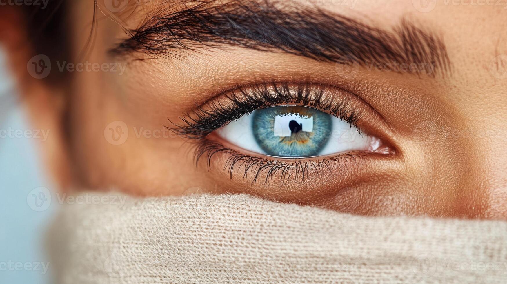 Close up blue eye detail. Beige fabric covers part of face. Skin texture visible. Eyelashes curve upwards. Bright clear iris. Focus on eye. photo
