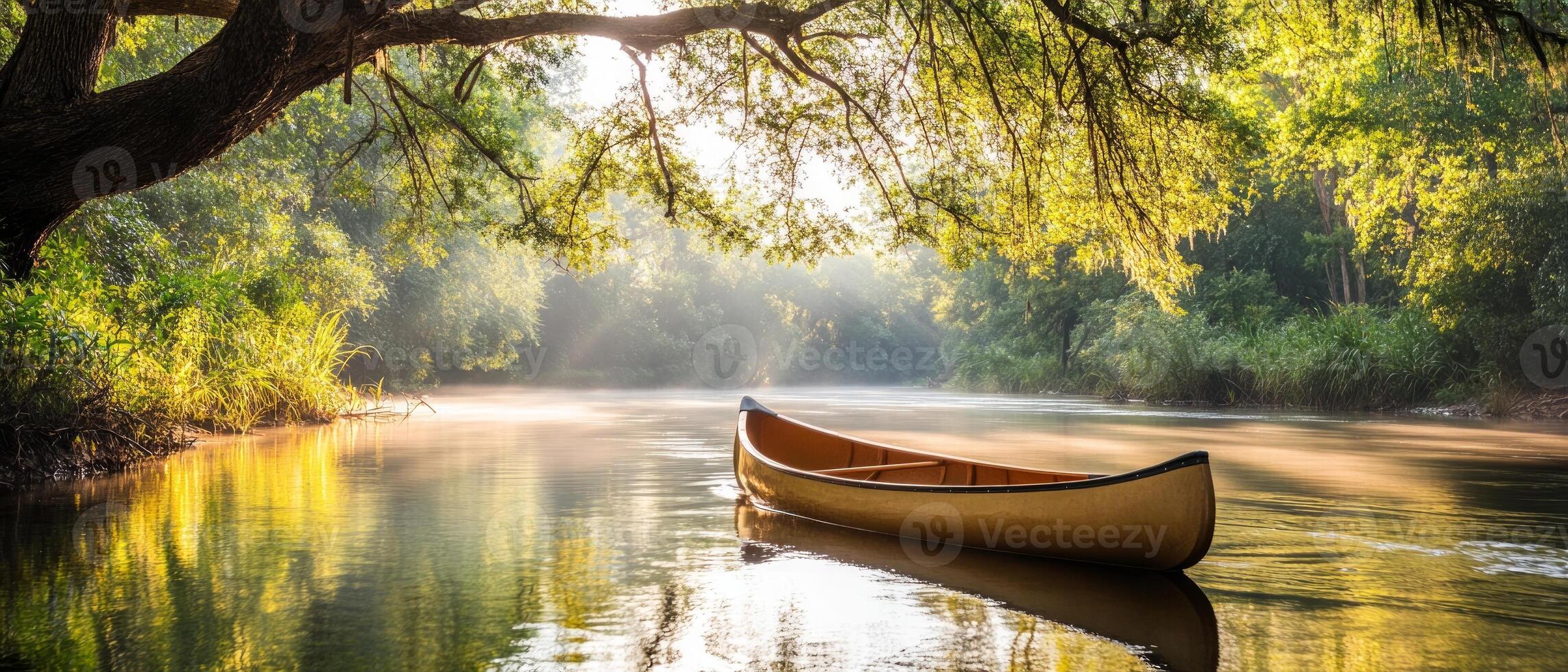Golden sunlight filters through the dense foliage as a canoe silently navigates the calm waters, showcasing the beauty of a tropical jungle at dawn photo