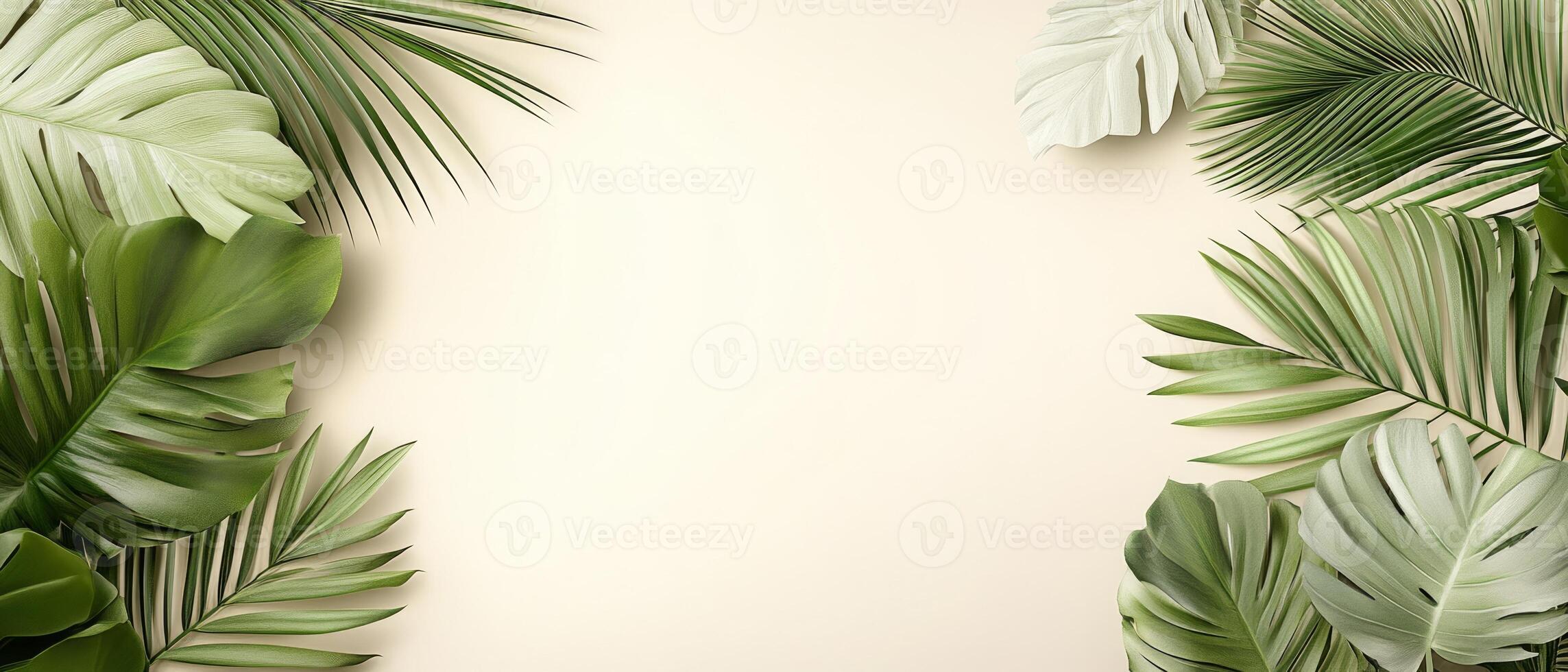 Vibrant tropical leaves create a natural frame against a soft background, perfect for any nature-inspired project or decoration showcasing lush greenery photo