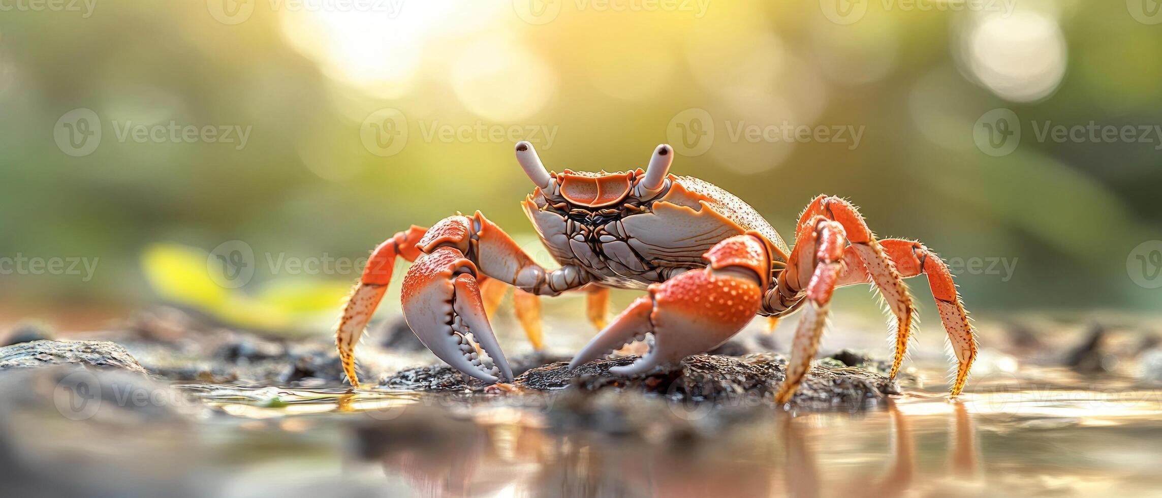 A vibrant crab navigates a tropical marsh as the sun sets, creating a beautiful bokeh effect that accentuates its colorful shell and the lush environment photo