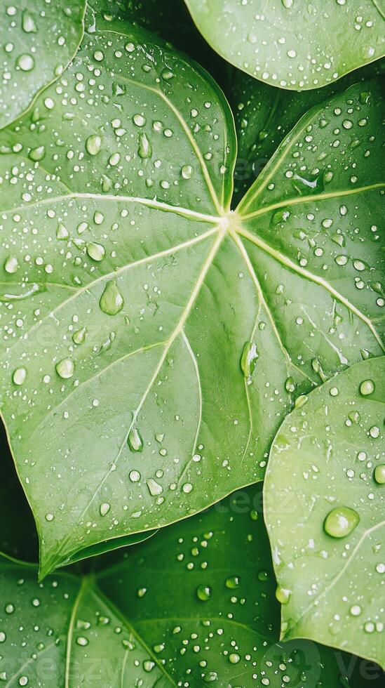 Vibrant green leaves covered in water droplets convey a refreshing ambiance in a tropical jungle, capturing the essence of nature's beauty and vitality photo