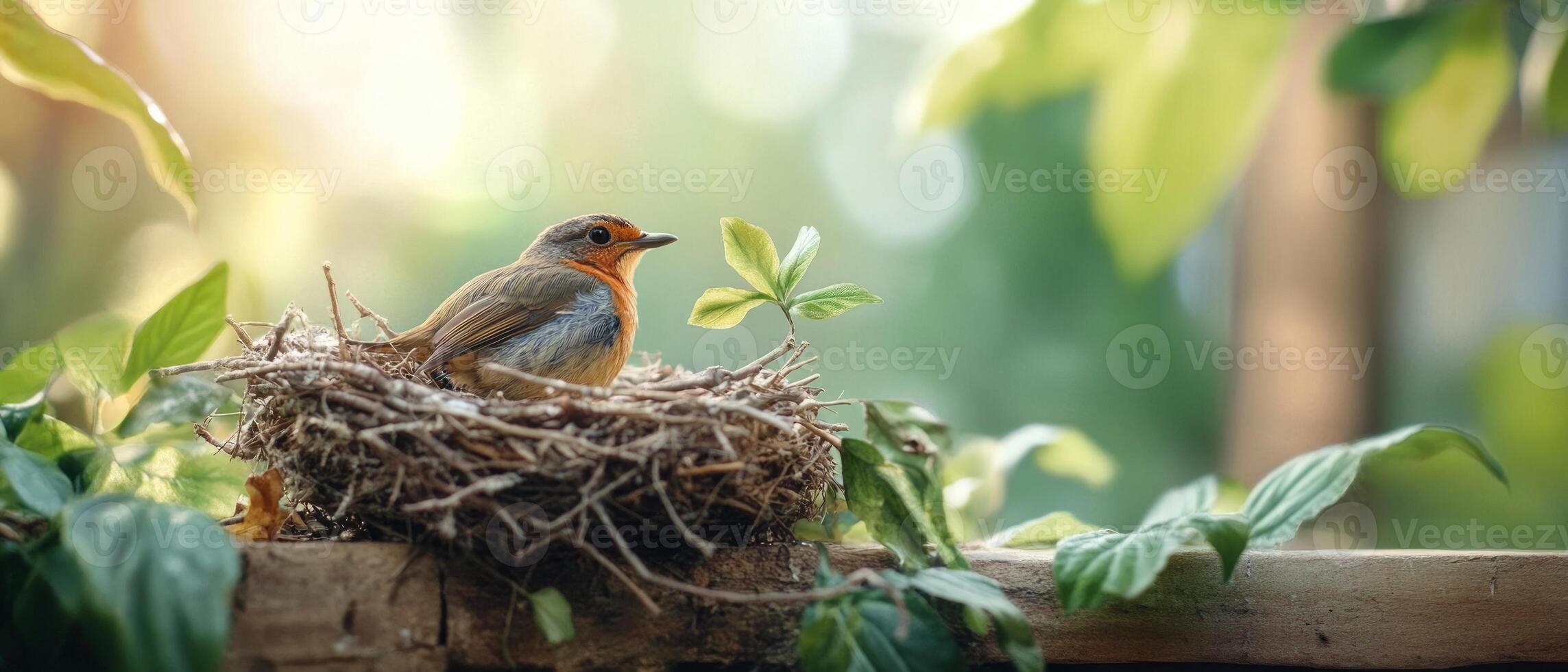 A small bird sits peacefully in its nest, surrounded by rich greenery and illuminated by gentle sunlight in a tropical jungle environment photo