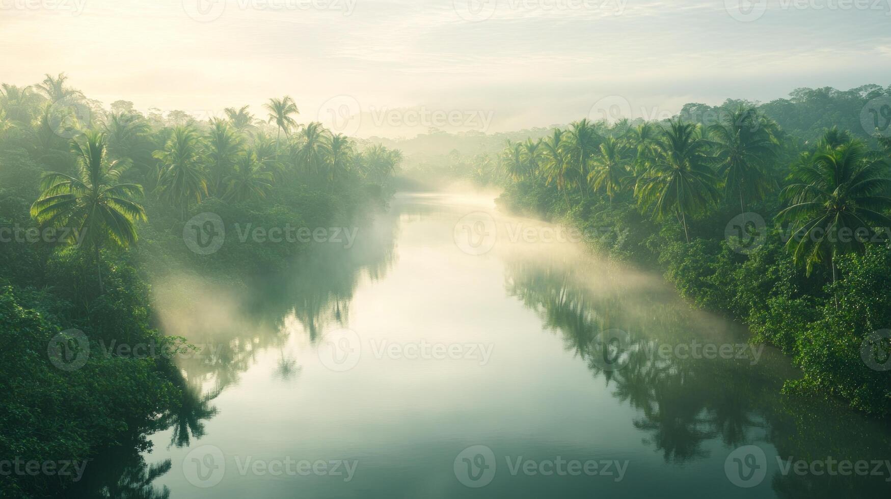Gentle fog rises over a serene river surrounded by vibrant tropical foliage in the early morning light, creating a tranquil atmosphere in the jungle photo
