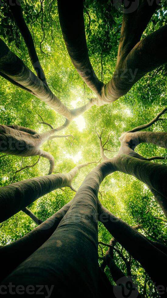 Sunlight filters through a dense canopy of tropical trees, creating a serene atmosphere in the jungle. This scene showcases nature's majestic beauty photo