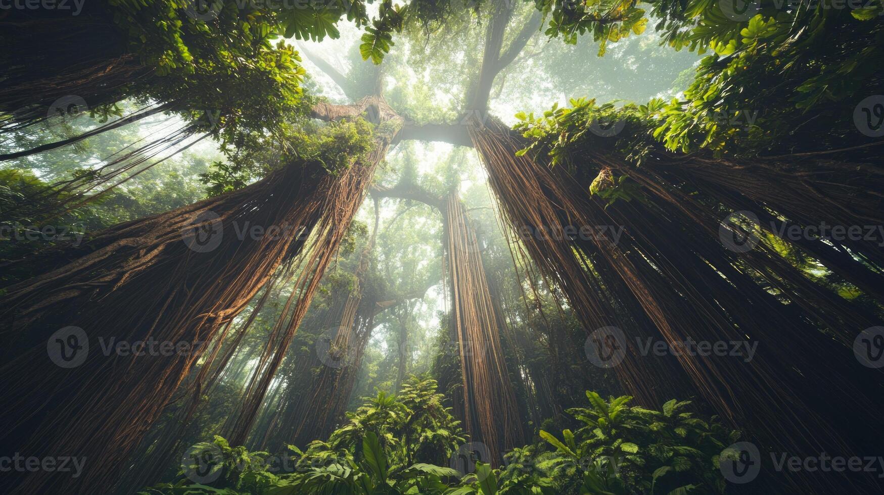 Exploring the serene beauty of a tropical jungle where towering trees create a stunning canopy, surrounded by vibrant ferns and soft morning mist photo