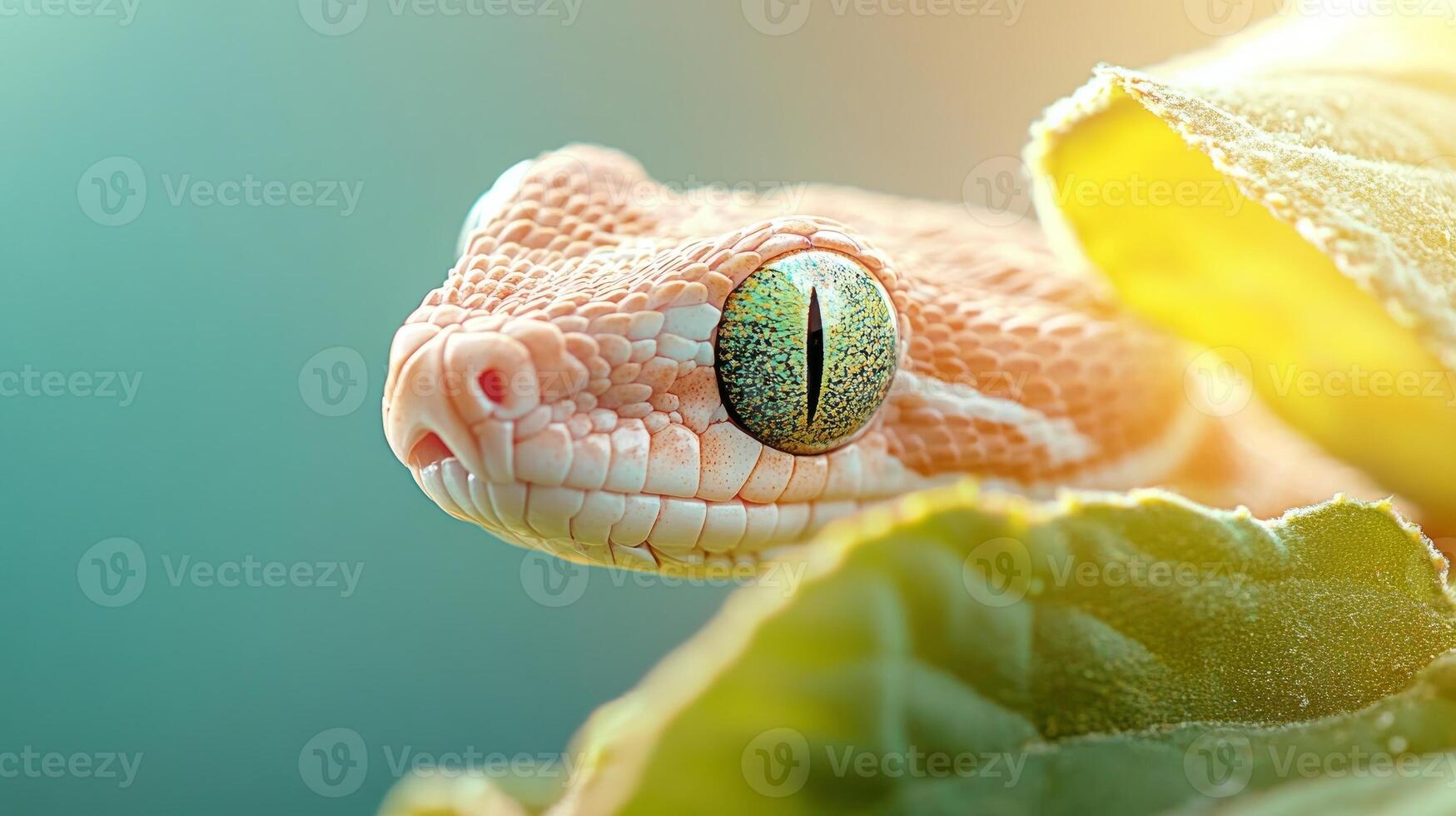 A striking green-eyed snake rests amid lush tropical foliage, showcasing its delicate scales and unique patterns in a vibrant jungle environment photo