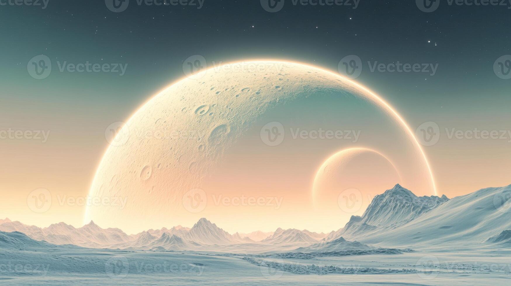 Icy planet surface with mountain ranges and two glowing celestial bodies in the sky and star dust above during dusk. photo