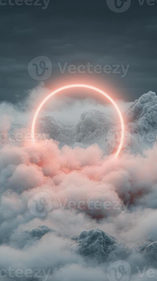 Glowing circle light hovers over misty mountain peaks and drifts of clouds in twilight colors over a dark sky photo