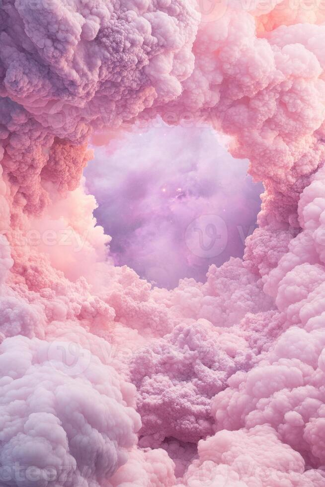 Fluffy pink clouds surround a luminous center. Delicate pastel colors create a dreamy and ethereal atmosphere. A celestial and soft abstract vision emerges. photo