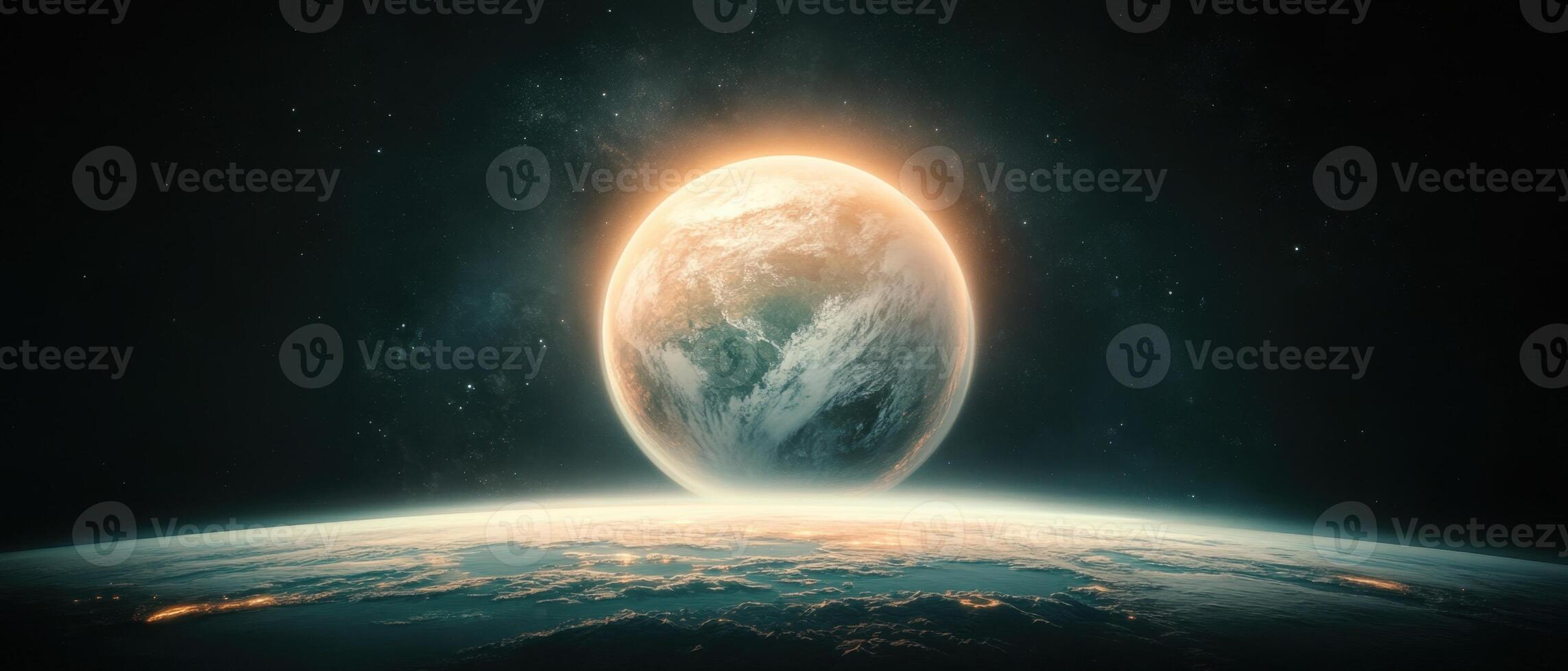 Distant planet rises above horizon. Outer space background with many stars. Sunlight shines on a large sphere. View from space. photo