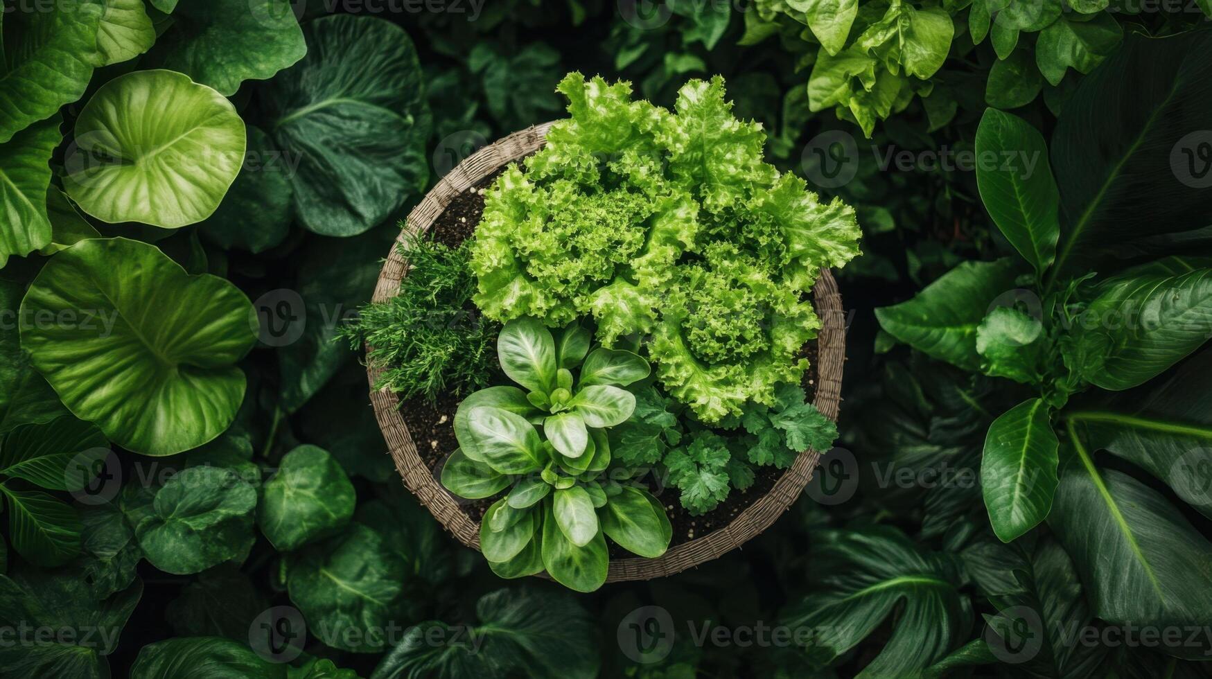 Green plants grow in a circle pot surrounded by many different leaves. Leaves are a natural and lush color. The image is a high angle view. photo