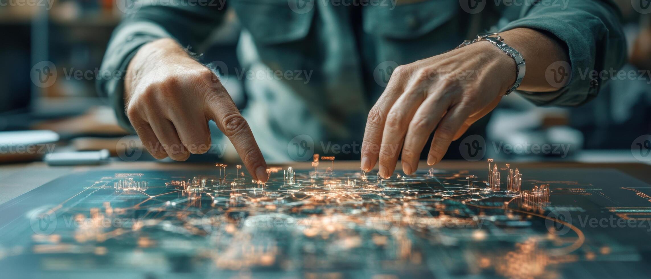 Hands point at bright network connections across a large dark surface. Information technology design with glowing dots and lines showing data transfer. photo