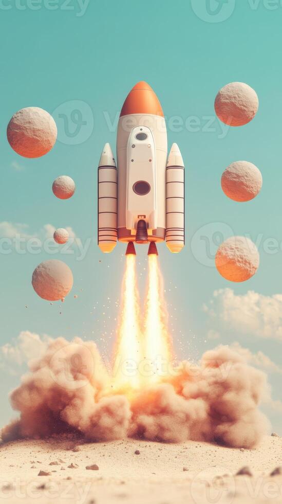 Rocketship takes flight over sandy surface with distant planet shapes and bright blue sky background with soft white clouds. photo