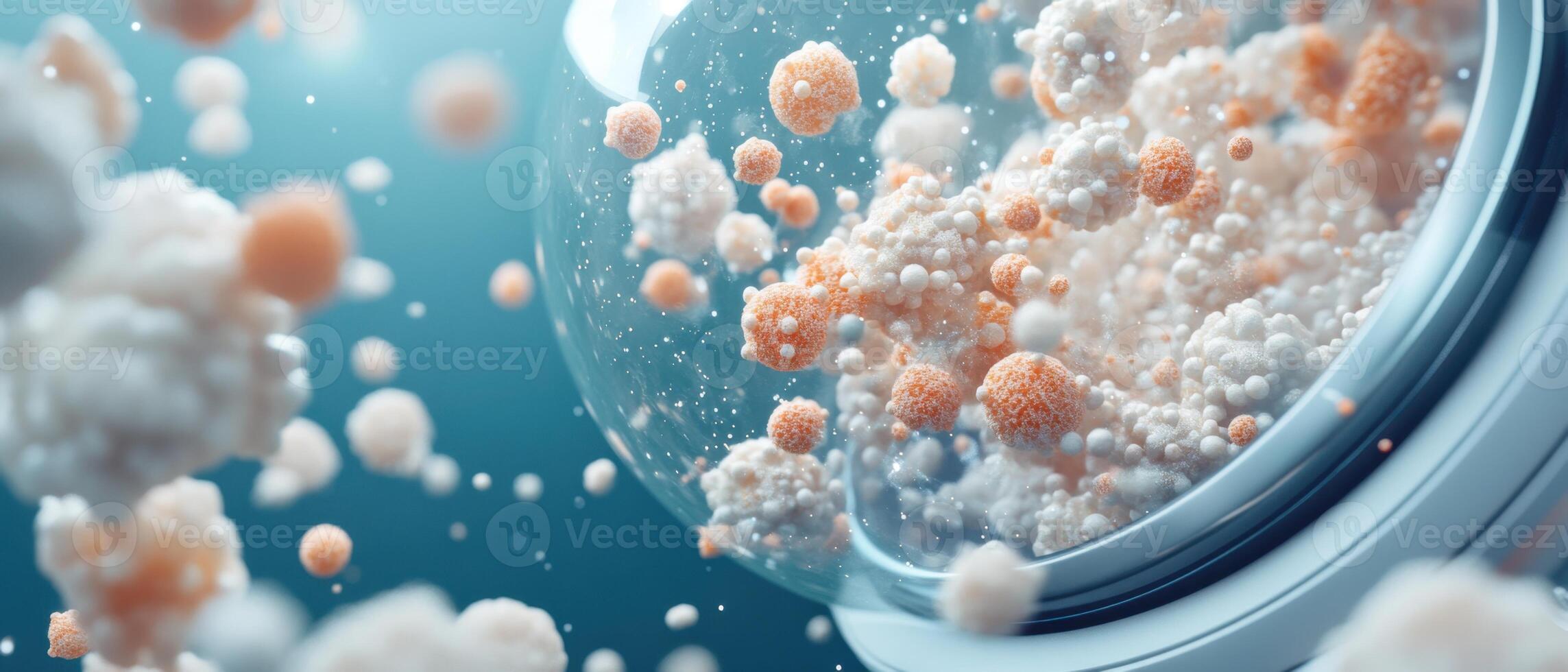 Abstract sphere filled with white and orange particles. Microscopic view of complex matter. Floating in a blue liquid environment with diffused light and bokeh. photo