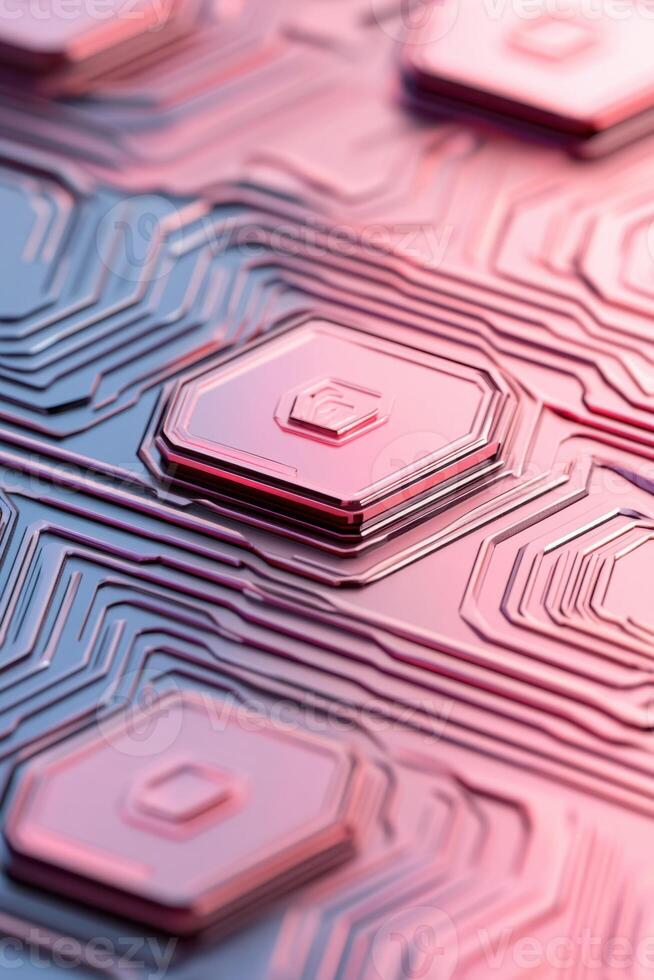 Detailed circuit pattern of integrated modules. Lines connect elements. Pink light reflects over surface. Complex structure concept. Technology background. Metallic colors scheme. photo
