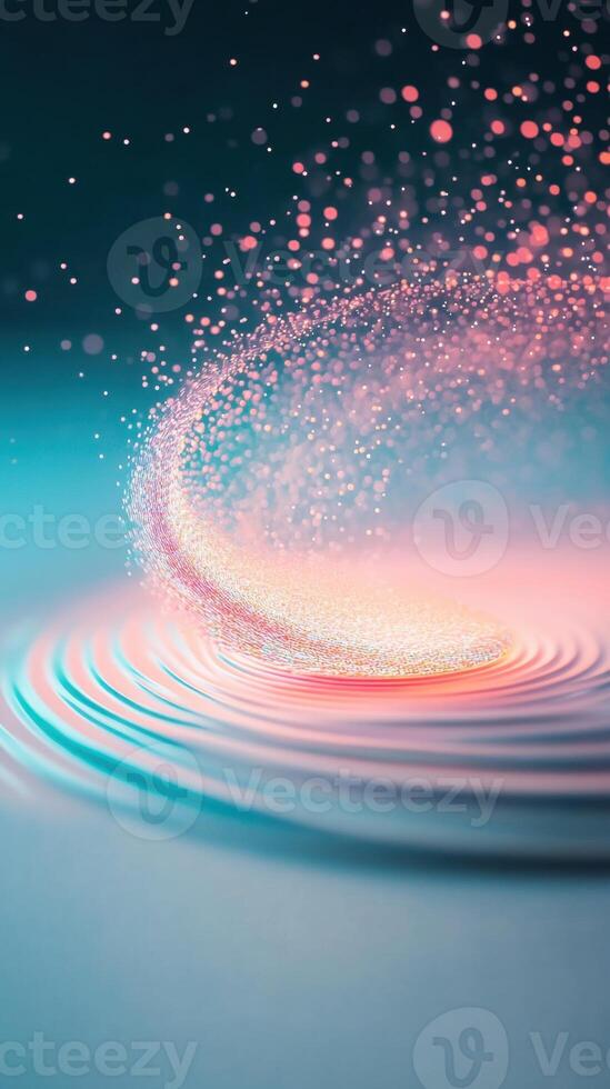 Abstract swirl of particles emanates above circular waves. Pastel pink and blue hues create soft, flowing visual design. Light dances on fluid surface. photo