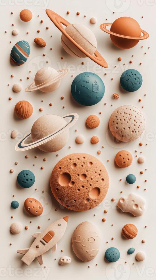 Various planets and a toy rocket float against a simple off white setting. Textured surfaces create a fun dimensional effect for many space objects. photo