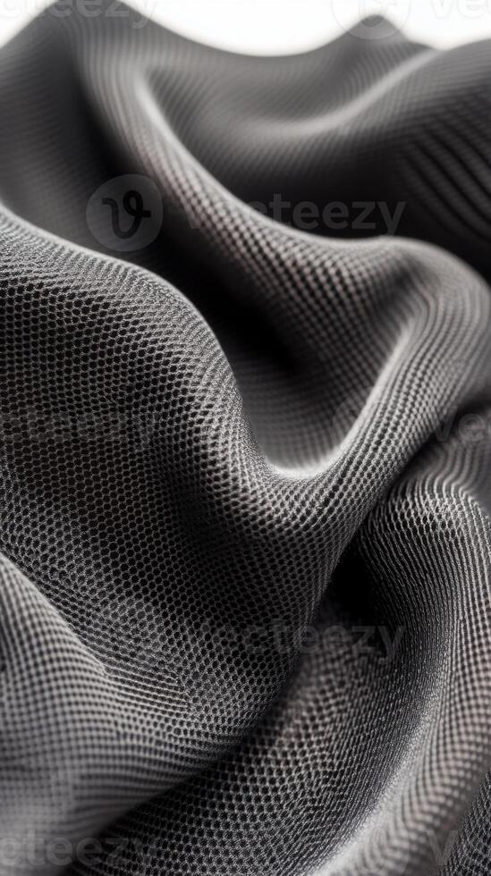Gray fabric waves softly. Mesh texture detail. Dark flowing material forms gentle folds. Fine interwoven pattern catches light. Close up look at textile surface. photo