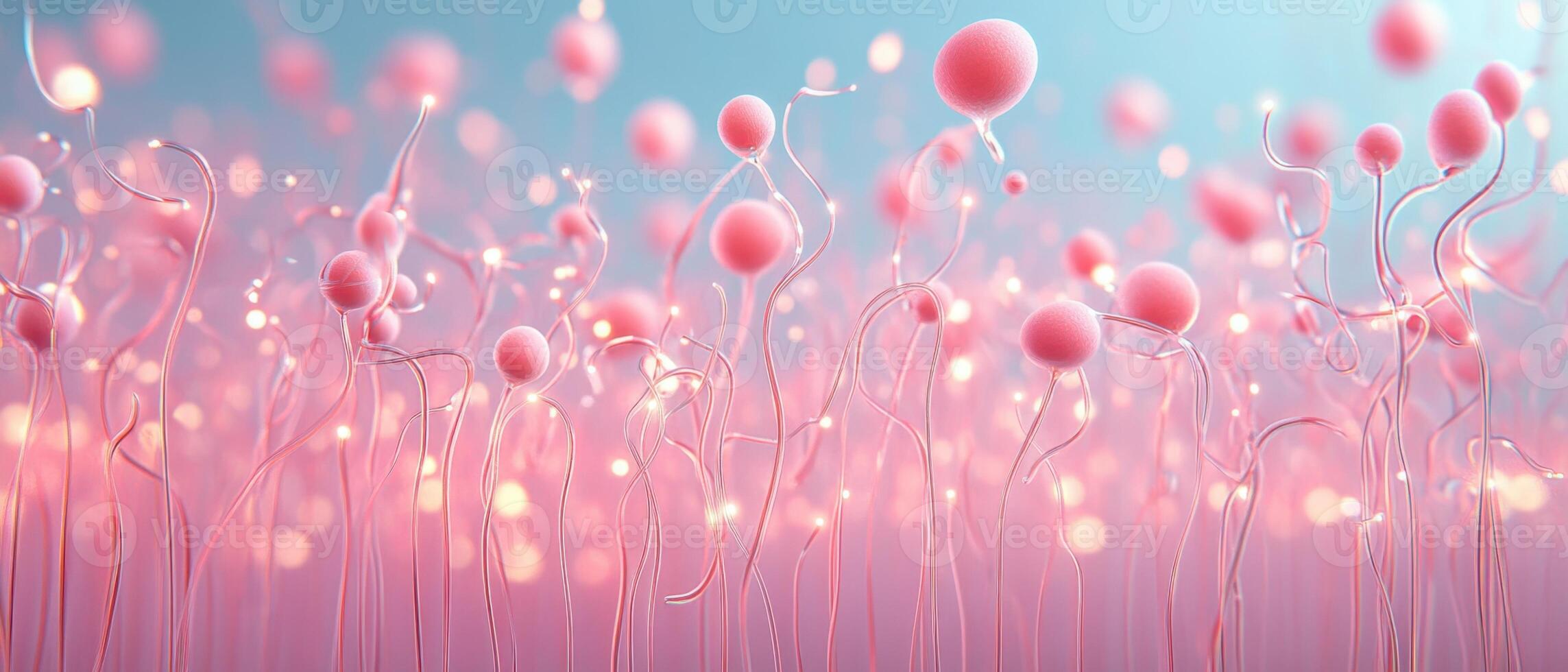 Pink spheres float over thin curved stems. Soft pastel colors with glowing particles. Abstract botanical background. Shallow depth of field. Dreamy and ethereal. photo