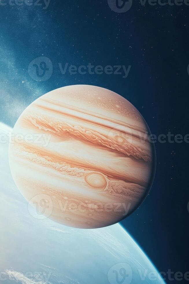 Giant banded planet floats above a light blue world against a background of twinkling distant stars in the inky darkness of space. photo