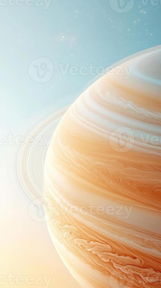 Giant planet with rings, orange and white banded atmosphere, floats in space, background with soft light, tiny stars sparkle. photo