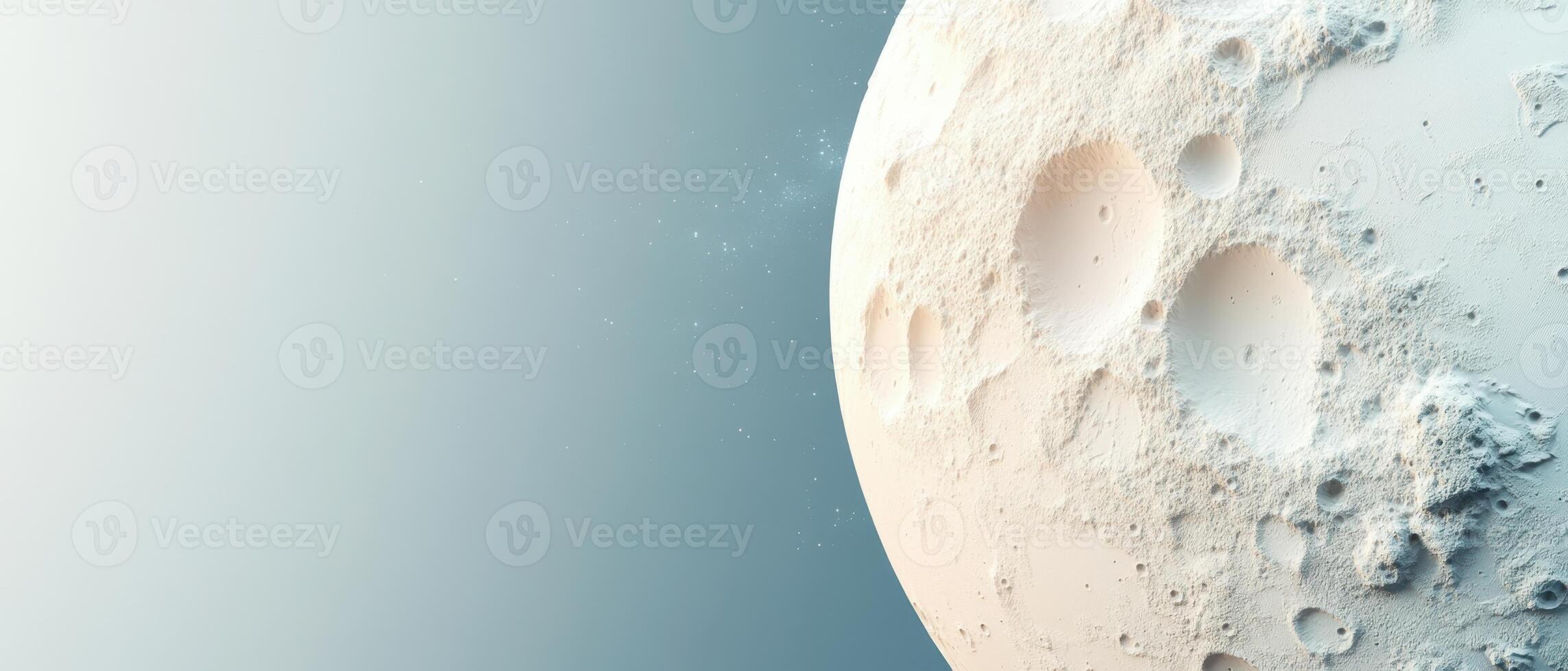 White planet surface detail showing craters against pale blue space. Round moon with rough texture and craters. Small distant stars are visible. photo