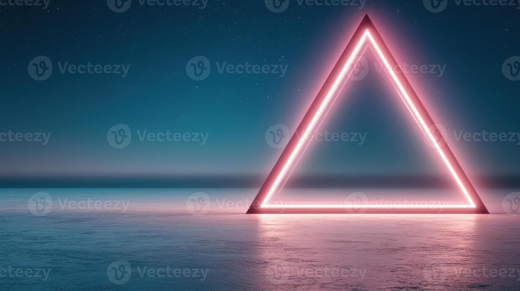 Glowing pink triangle outline stands on surface. Dark starry sky above. Light reflects off the plane. A futuristic geometric backdrop. photo