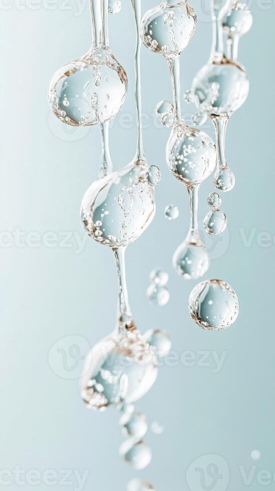 Clear liquid forms bubbles. Water drips downwards on soft light background. Drops cascade creating spherical shapes. Bubbles suspended on stems. Abstract shiny droplets. photo