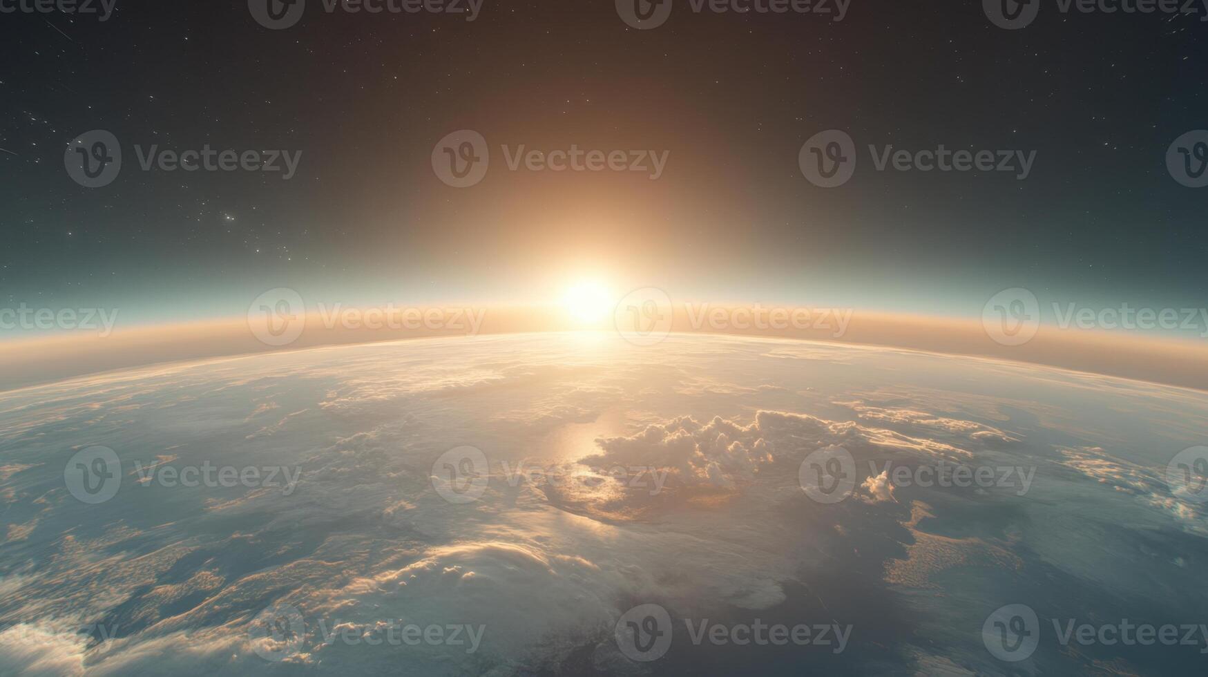 Earth view from space. Bright sunlight shining on horizon. Atmosphere and clouds visible. Starry sky above. Peaceful cosmic scene. Space exploration concept. photo