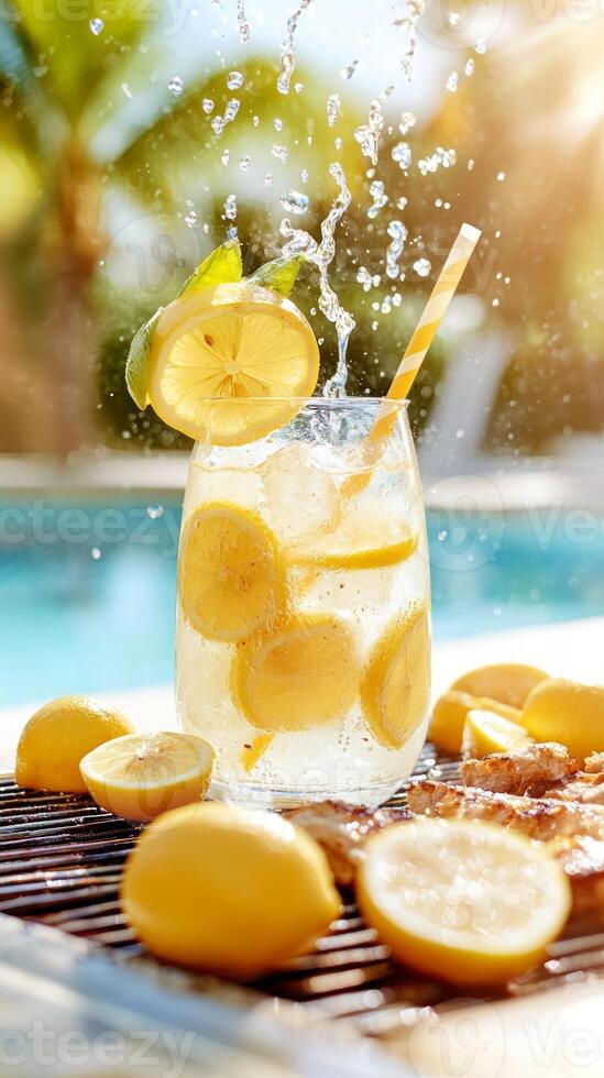 Lemon slices leap into a sparkling drink, surrounded by fresh lemons on a grill, embodying the joy of summer BBQ moments by the poolside photo
