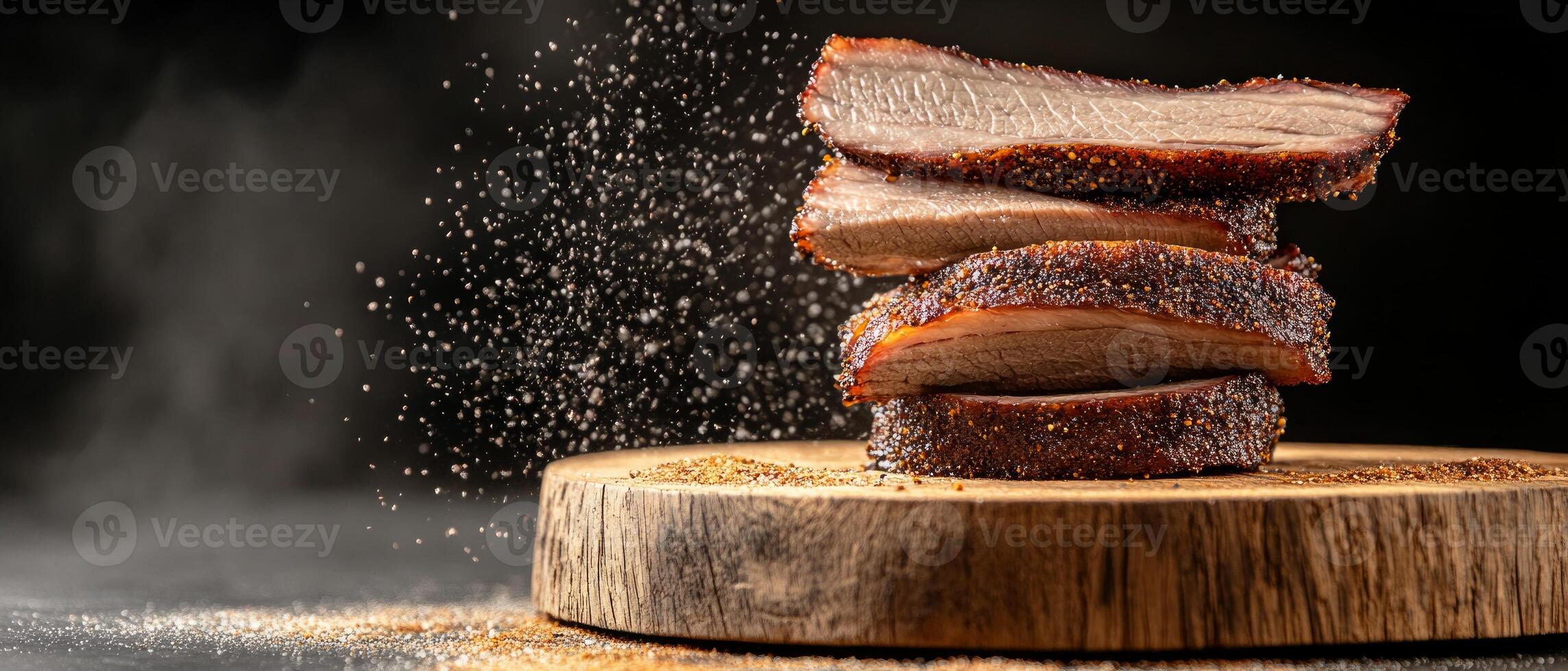 Tender smoked brisket slices seasoned to perfection, beautifully arranged on a rustic wooden board, perfect for any BBQ gathering or culinary event photo