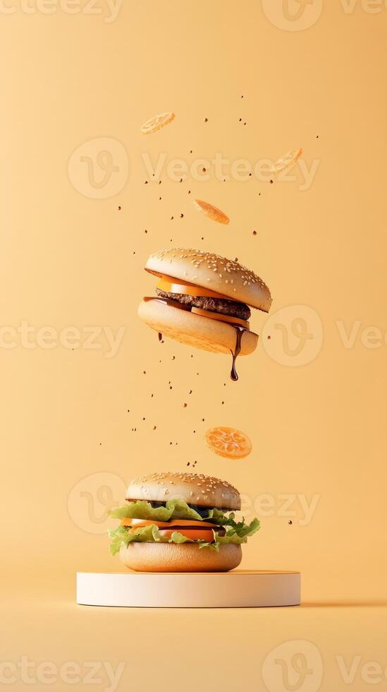 Delicious floating burgers topped with fresh ingredients and sauces showcase the innovative side of BBQ food presentation, highlighting flavors in a fun way photo