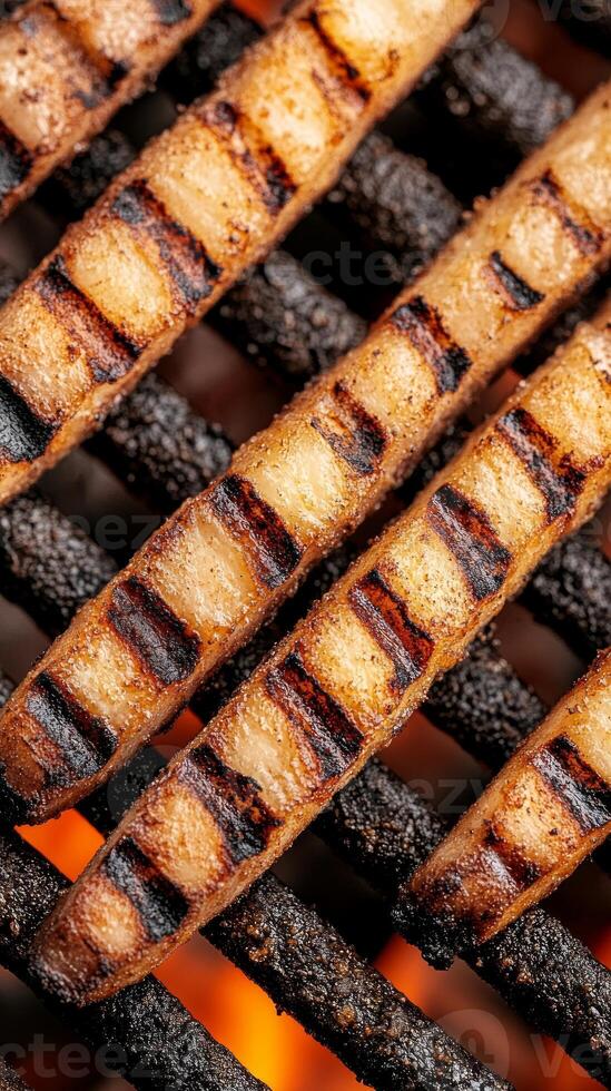 Perfectly grilled sausages showcase a beautiful char on the barbecue, bringing a smoky aroma to a lively summer gathering with friends and family photo