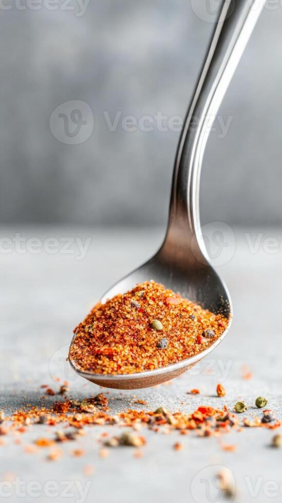 Spicy seasoning rests on a stainless spoon with scattered spices on a light stone surface, highlighting culinary creativity and flavor enhancement photo