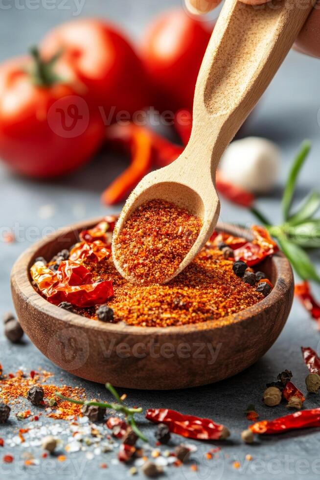 Chili powder is being carefully scooped with a wooden spoon as fresh tomatoes and herbs create a vibrant backdrop, adding flavor and color to cooking photo