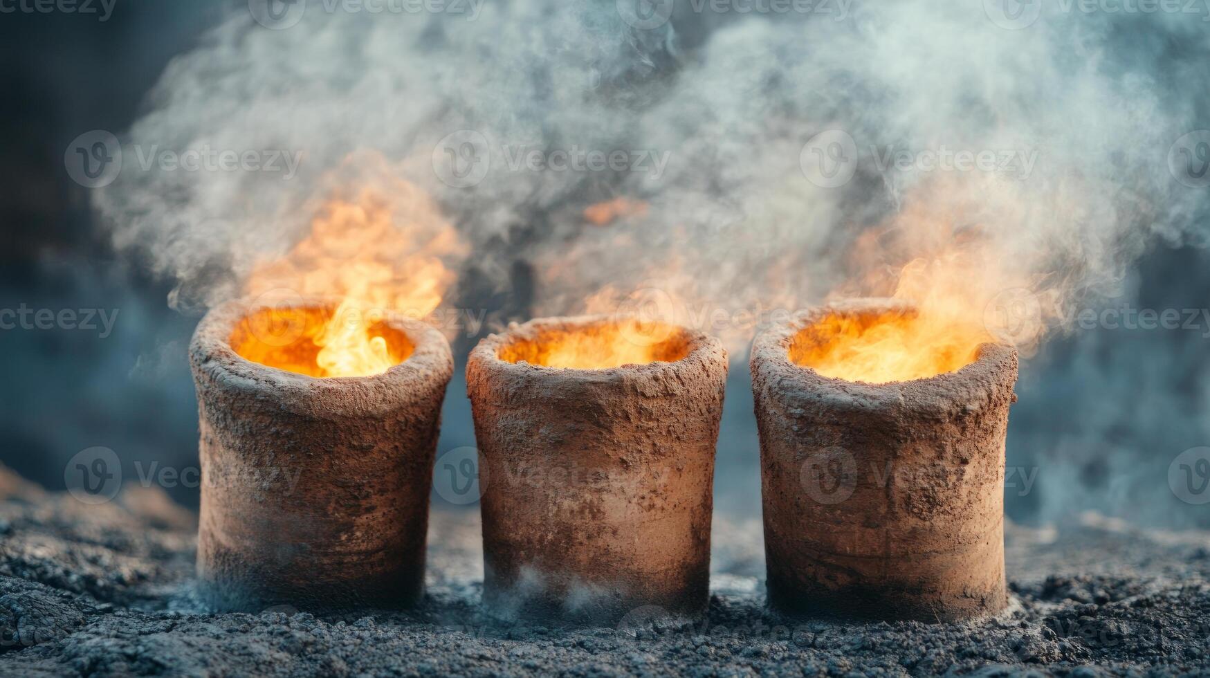 Crafted clay pots are heated over roaring flames in a rustic outdoor environment during golden hour, producing captivating smoke and fiery visuals that evoke warmth photo