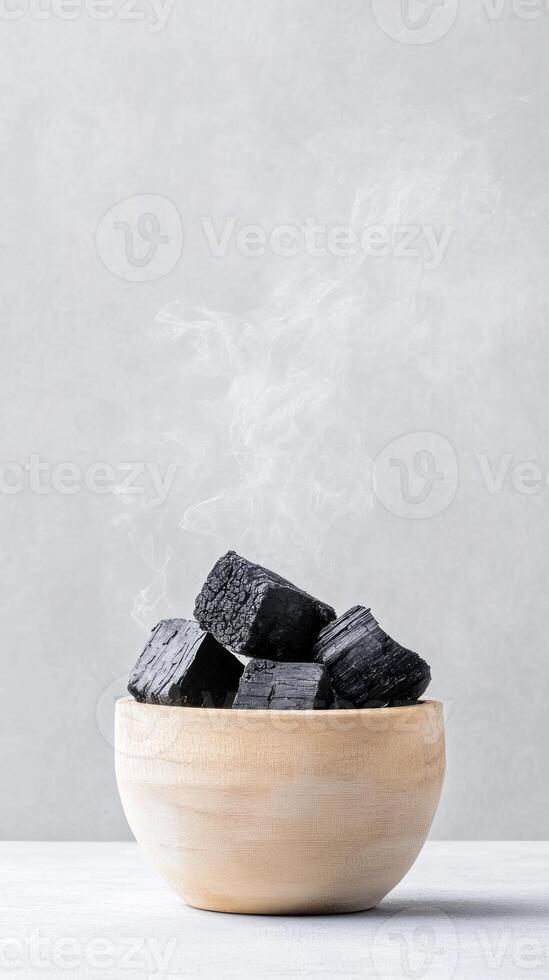 Charcoal cubes emit gentle smoke while resting in a wooden bowl, ideal for enhancing grilling, barbecuing, and culinary presentations in various settings photo