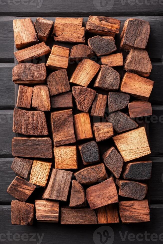 Creative composition of assorted wooden blocks, each exhibiting unique grain patterns and warm tones, ideal for craft projects or interior design concepts photo