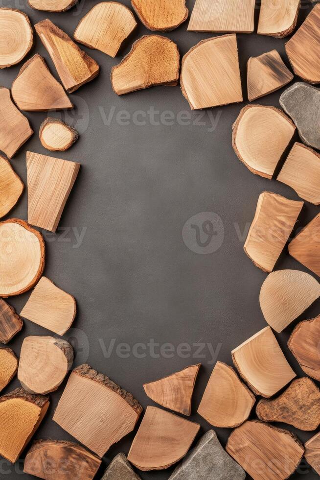 Wood slices of various shapes and sizes create a natural and rustic frame against a dark backdrop, perfect for showcasing art or crafting ideas photo