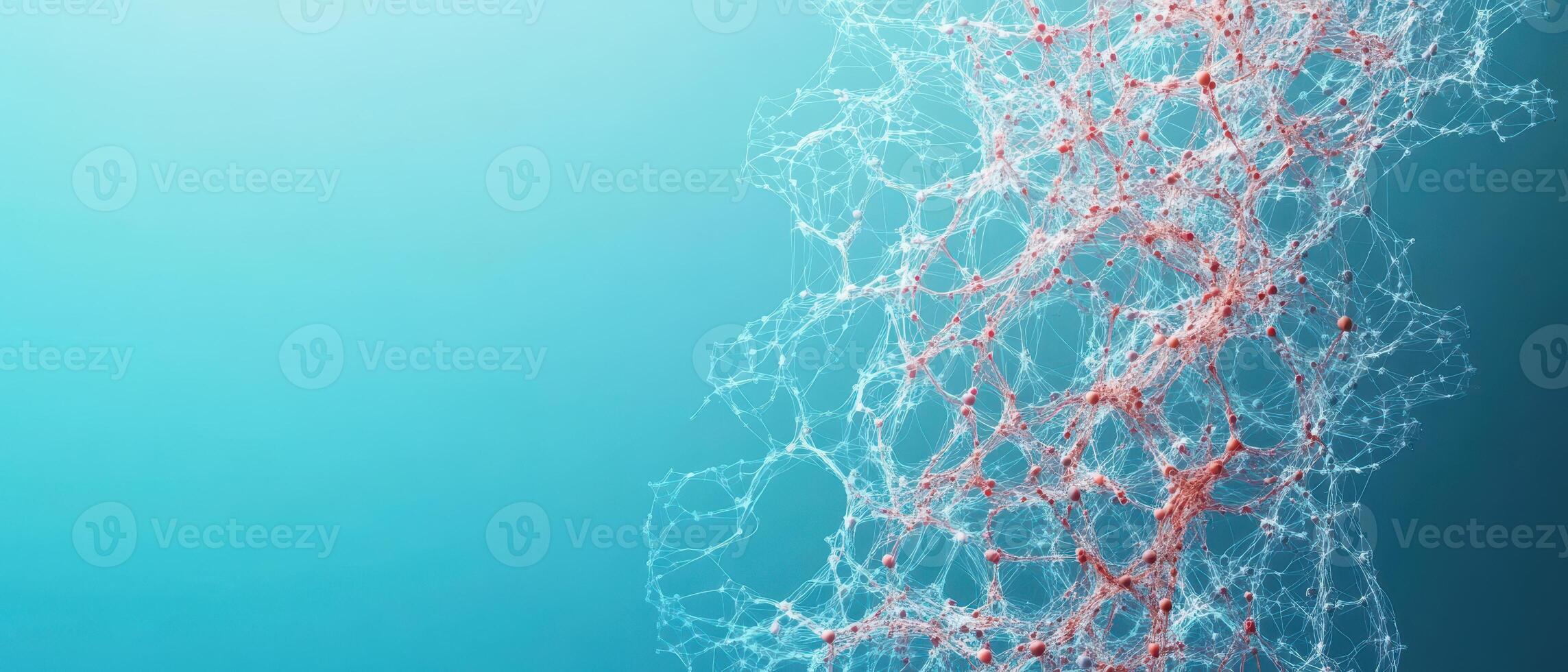 Abstract linked points on blue backdrop. Complex interconnected structure. Glowing nodes and lines representing neural networks with copy space. photo