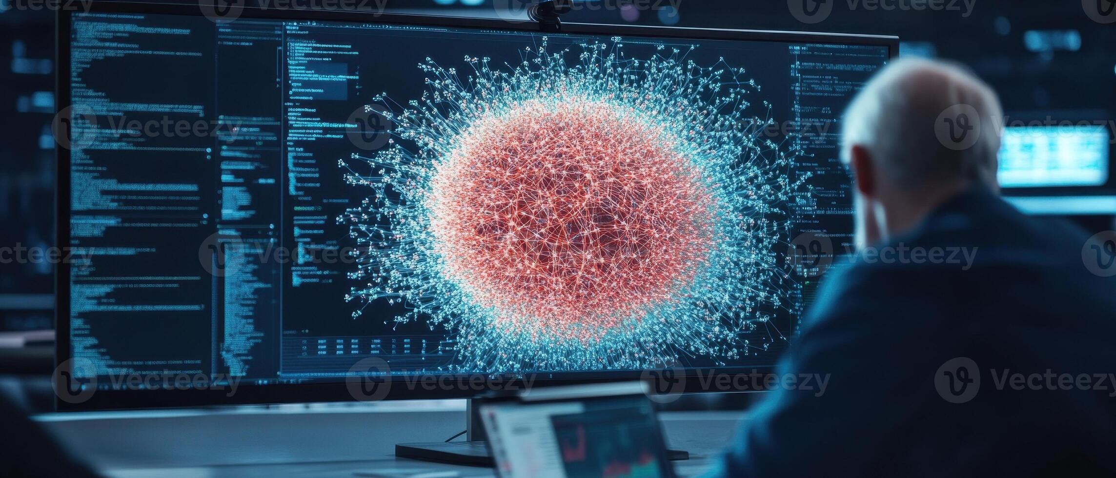 Complex sphere structure on screen. Monitor displays coding information. Neural networks visual representation. Deep learning concept. Artificial intelligence data. photo