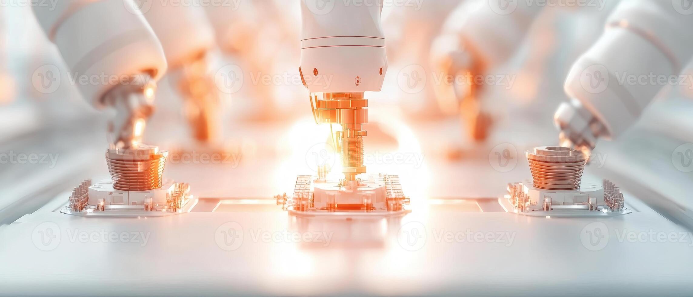 Automated Arms Assemble Component on White Surface. Artificial Intelligence Machines Constructing Neural Networks with Precise Movements and Bright Light Focus. photo