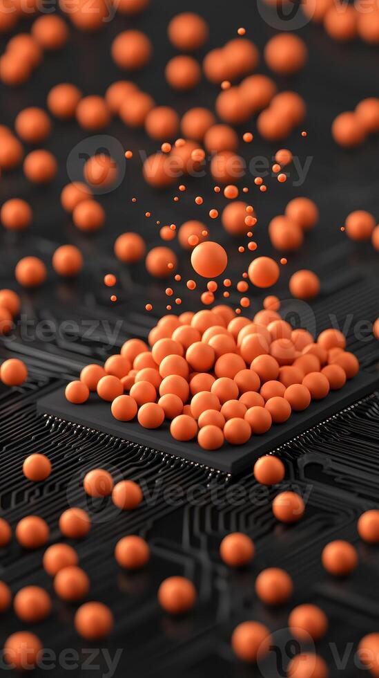 Orange spheres gather on a dark circuit board. Small dots float above connected neural networks. A modern depiction of computing power. photo