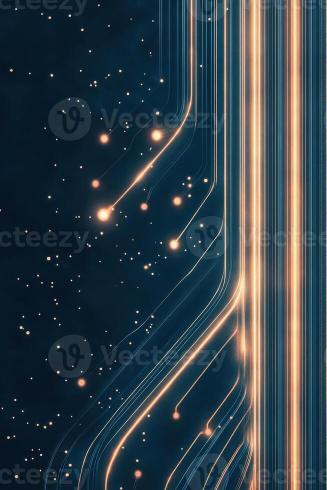 Glowing lines depict networks. Golden light points scatter along dark space. Curving streams radiate to create data connections. photo