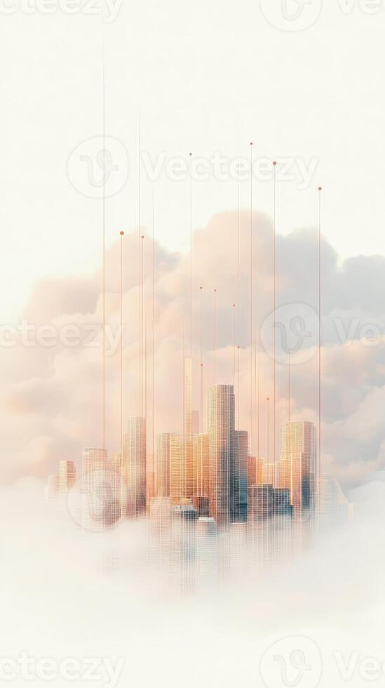Cityscape emerges amid soft clouds. Towers reach upward. Network connects building tops. Golden light glows on surfaces. Ethereal network connections with neural structure. photo