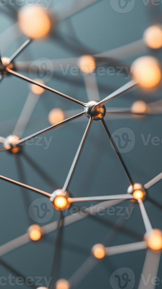 Abstract depiction network with metal nodes connecting at spherical junctions with glow on dark background for computer neural networks photo
